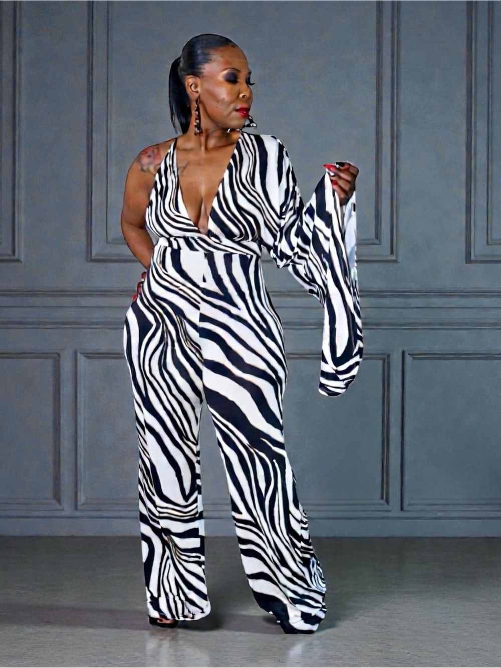 Zebra-Print V-Neck Wide Leg Jumpsuit - Black & White